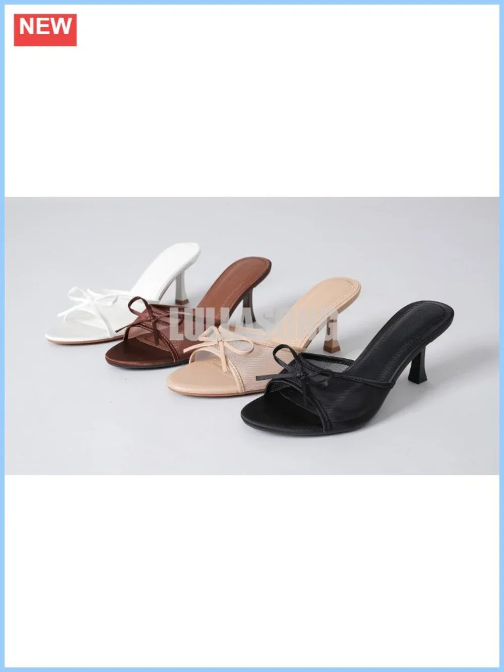 Kitten Heels Open Round Toe Mesh High Heels Slip On Sandals Women's 3 inch Mid